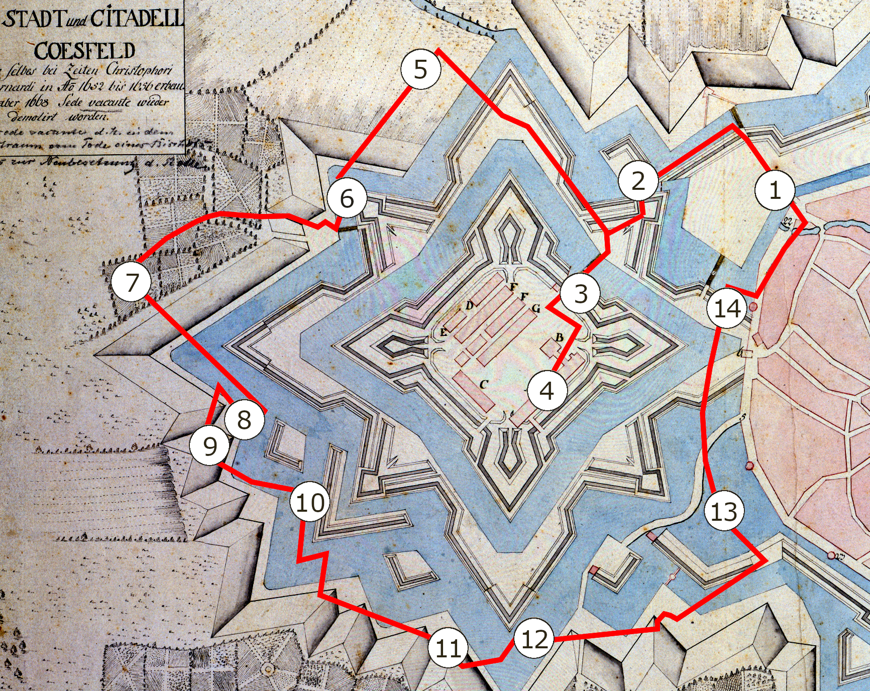 Der Citadellenweg in halbtransparenter Darstellung vor dem Hintergrund einer historischen Planskizze der Ludgerusburg